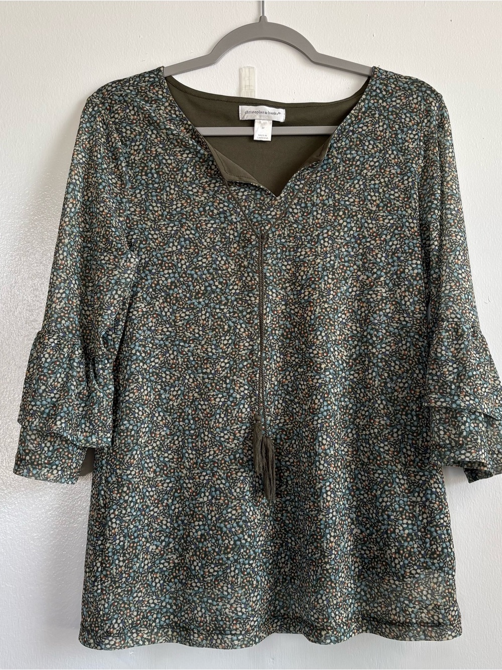 Christopher & Banks Olive Green Floral V-Neck Tassel Tie Lined Blouse M